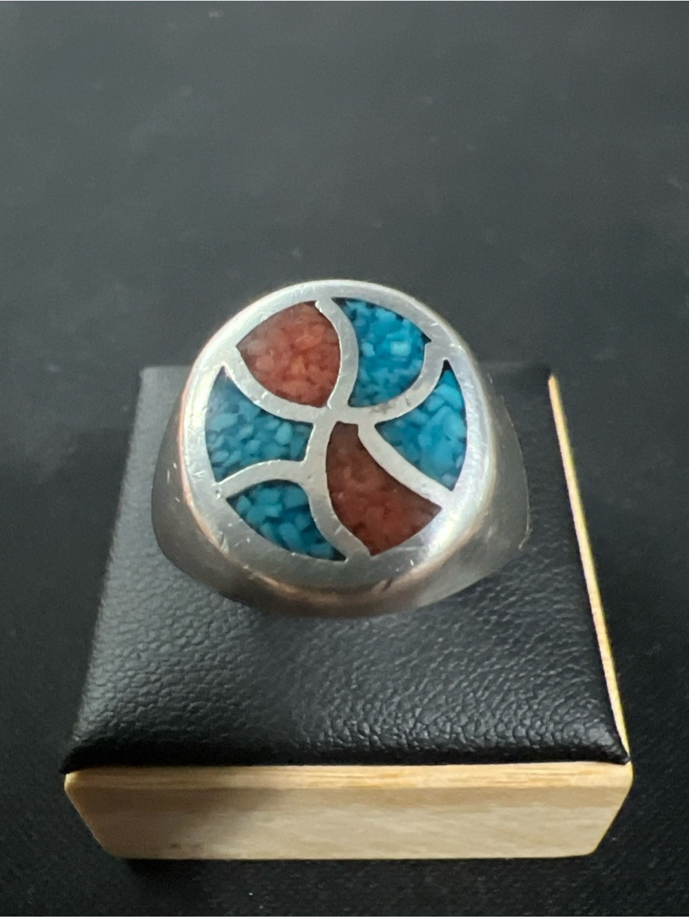 VTG Sterling Silver 925 Signed Navajo Turquoise Coral Mosaic Inlay Ring Sz 9.5